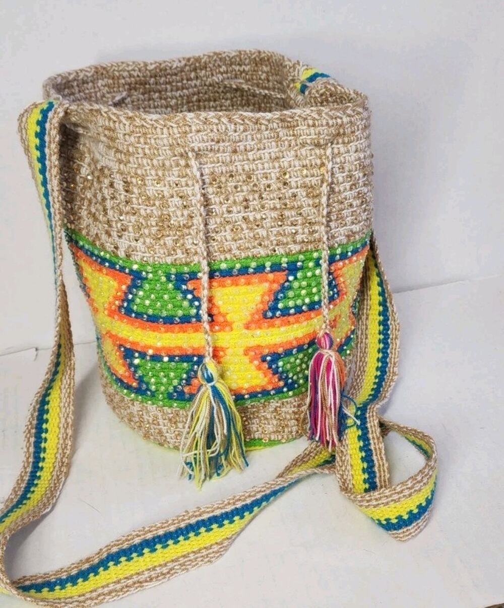 Wayuu shoulder bag with Rinestones cotton Multicolor handmade from Colombia